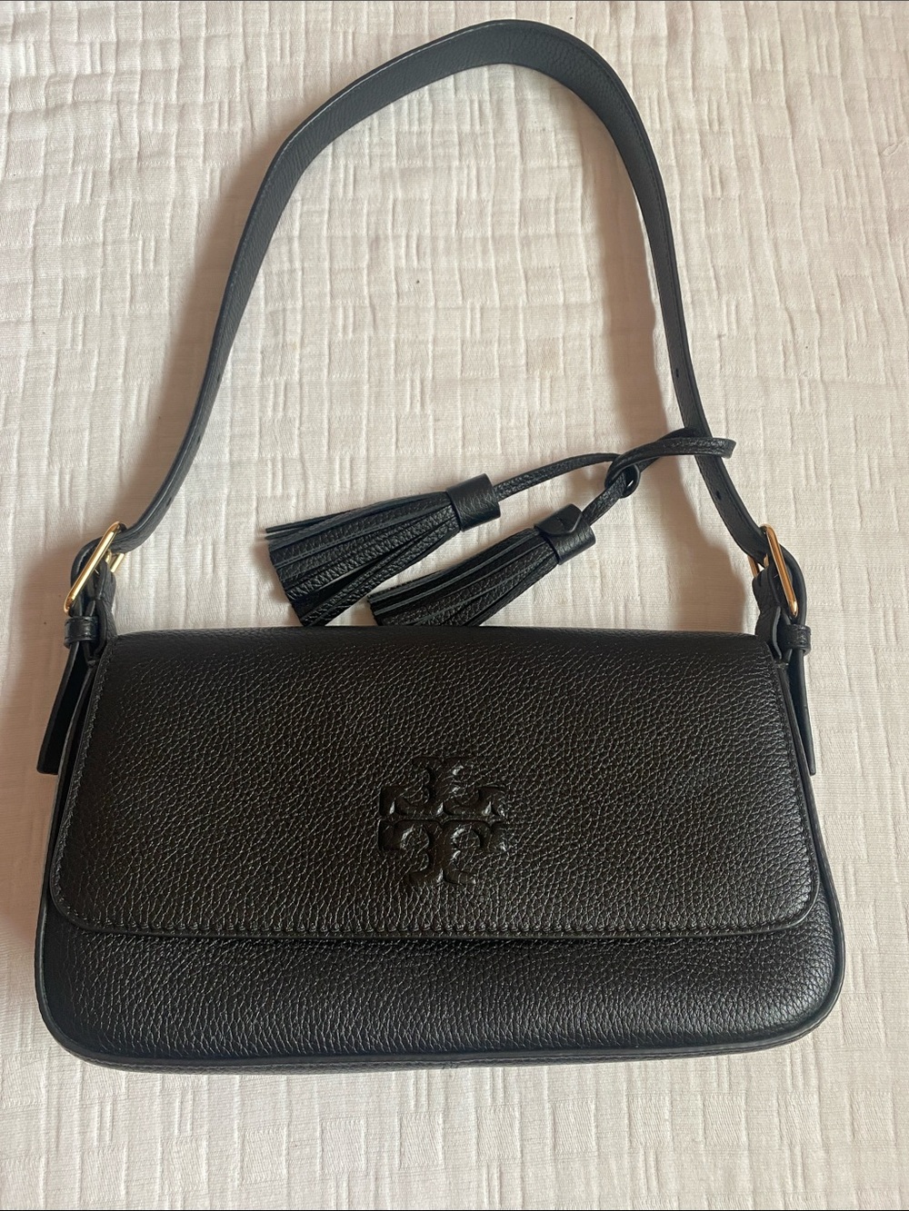 TORY BURCHBlack Leather Shoulder Bag with Tassel Detail